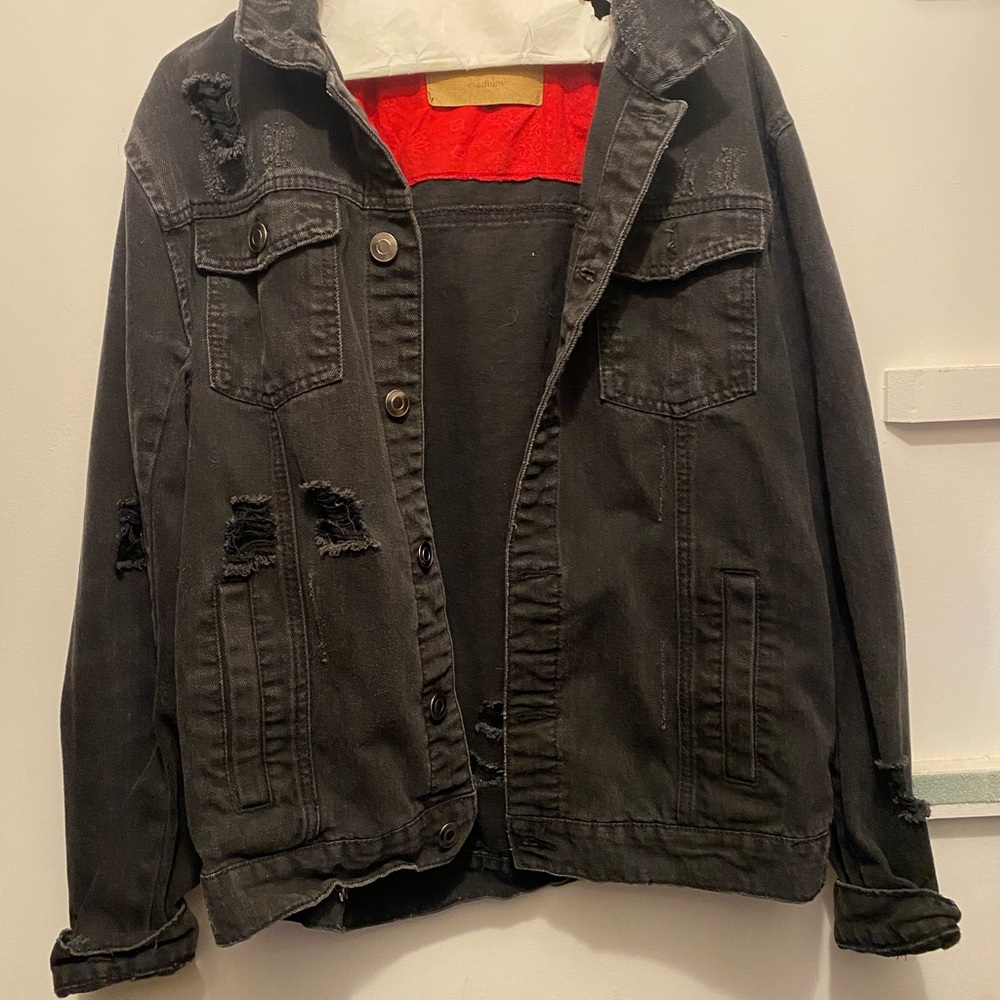 Carbon black denim jacket with red bandanna details